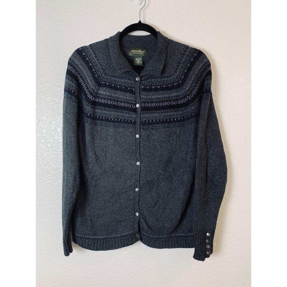 Eddie Bauer Collectibles Fair Isle Cardigan Womens L Gray Cotton Angora Sweater